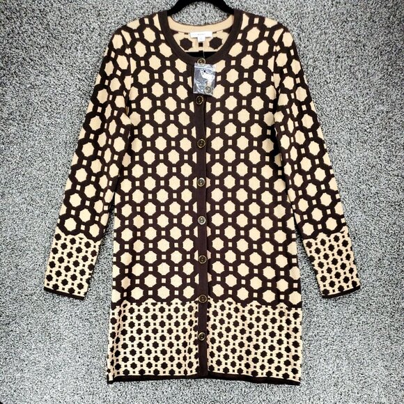 Isaac Mizrahi Live Geometric Print Long Brown Cardigan Sweater Womens Size Small - Picture 1 of 12